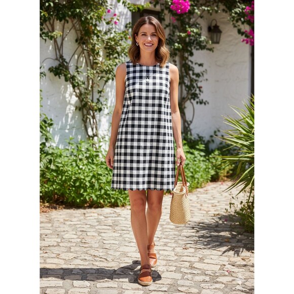 Talbots Gingham Shift Dress Womens Size 14 Black White Plaid Retro Mod Old Money - Picture 1 of 9